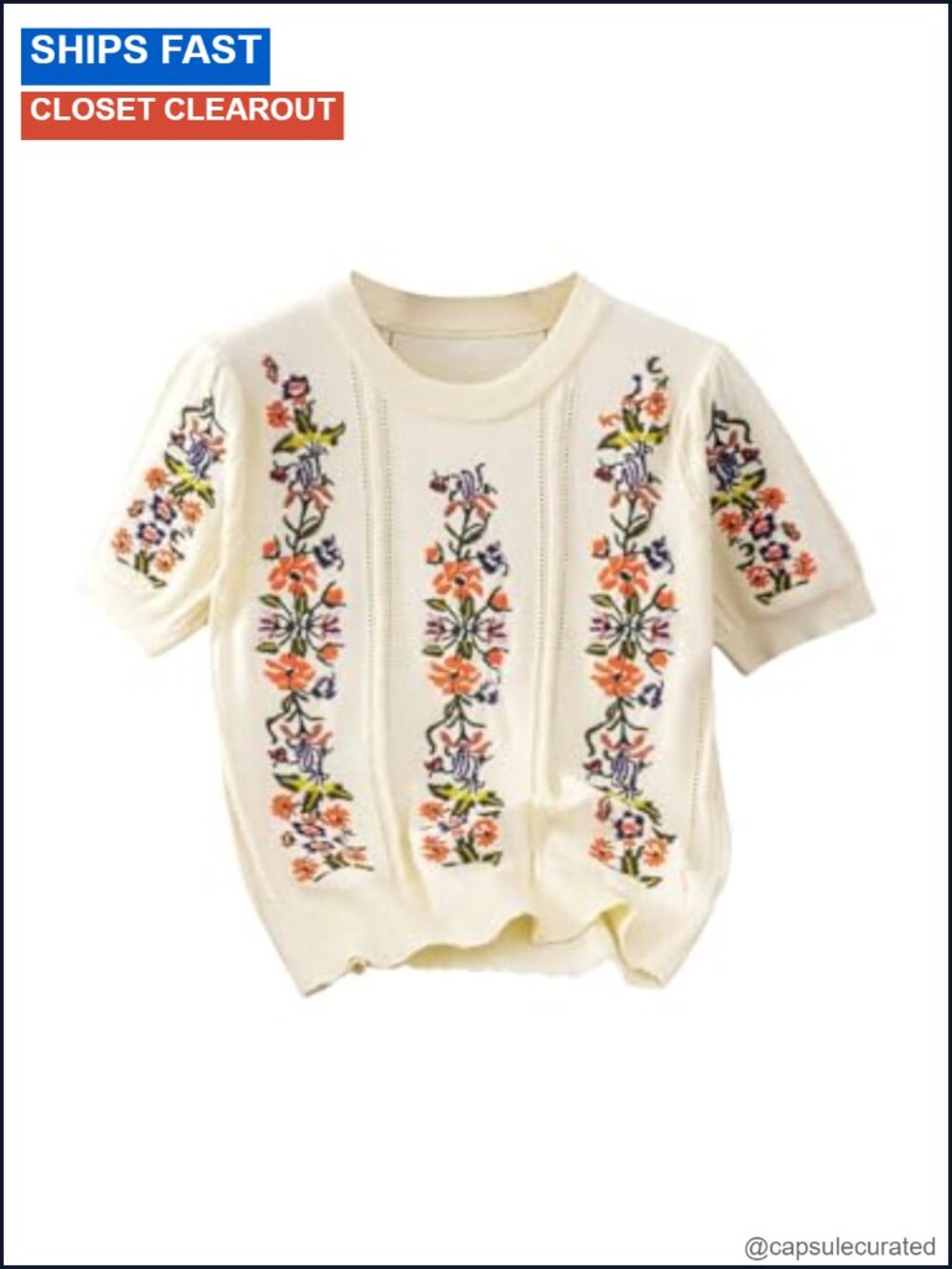 Womens Floral Short Sleeve Knit Sweater Pullover Boho Summer Top